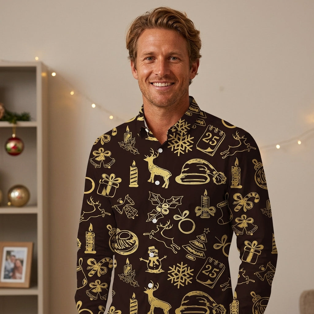 Men’s Christmas Button Up Shirt Long Sleeve | Festive Print