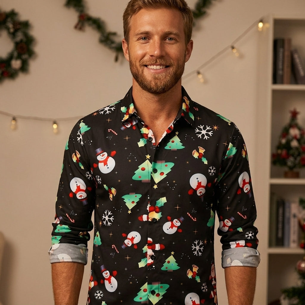 Men’s Christmas Button Up Shirt Long Sleeve | Festive Print