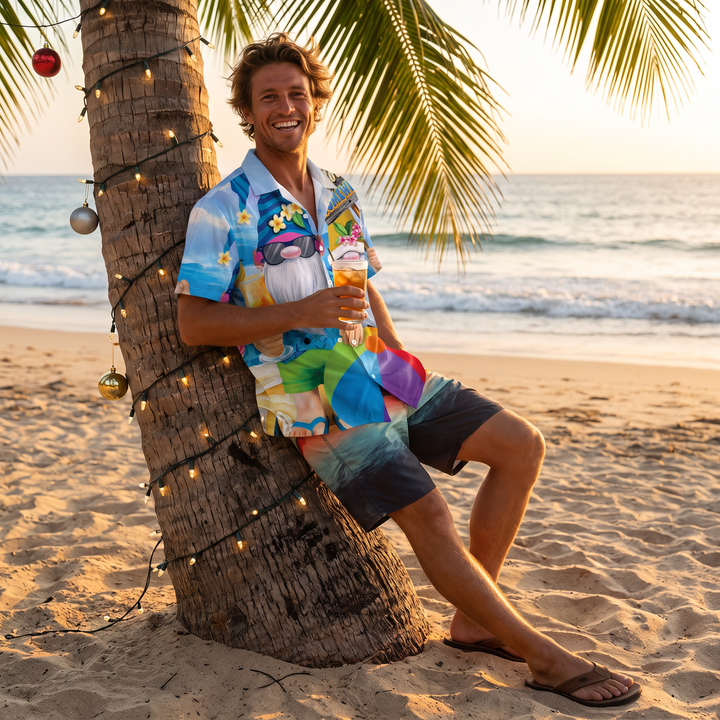 Men’s Christmas Button Up Shirt with Garden Gnome Print | Camp Collar