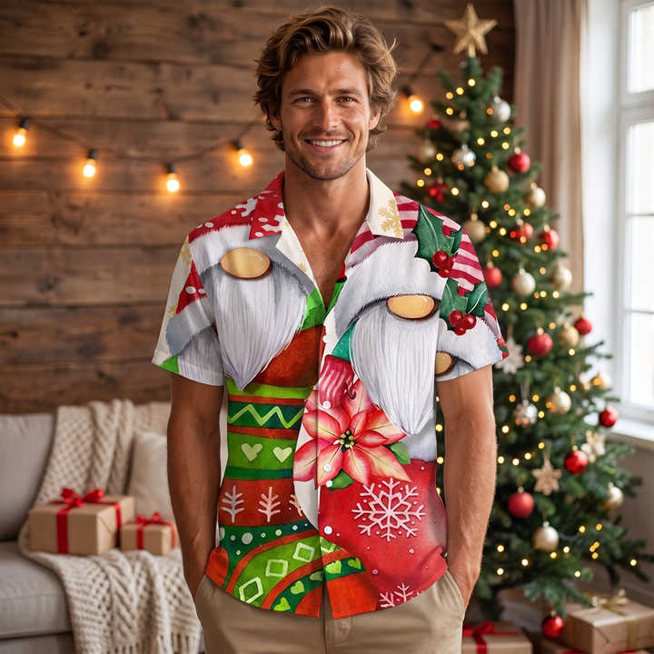 Men’s Christmas Button Up Shirt with Garden Gnome Print | Camp Collar