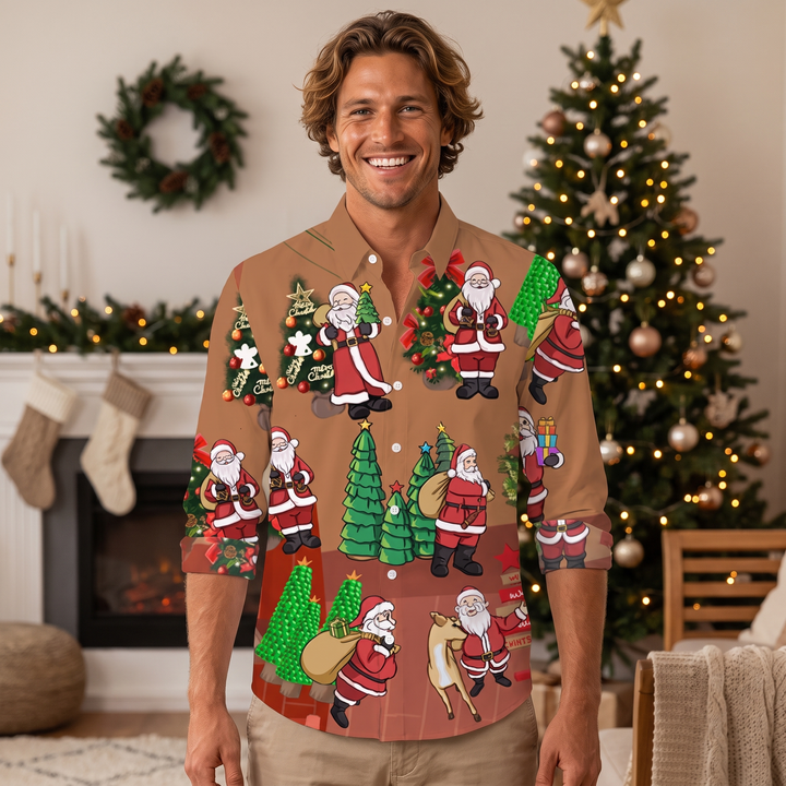 Men’s Christmas Button Up Shirt with Santa Graphic | Long Sleeve