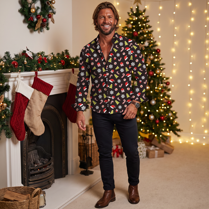 Men’s Christmas Button Up Shirt with Santa Graphic | Long Sleeve