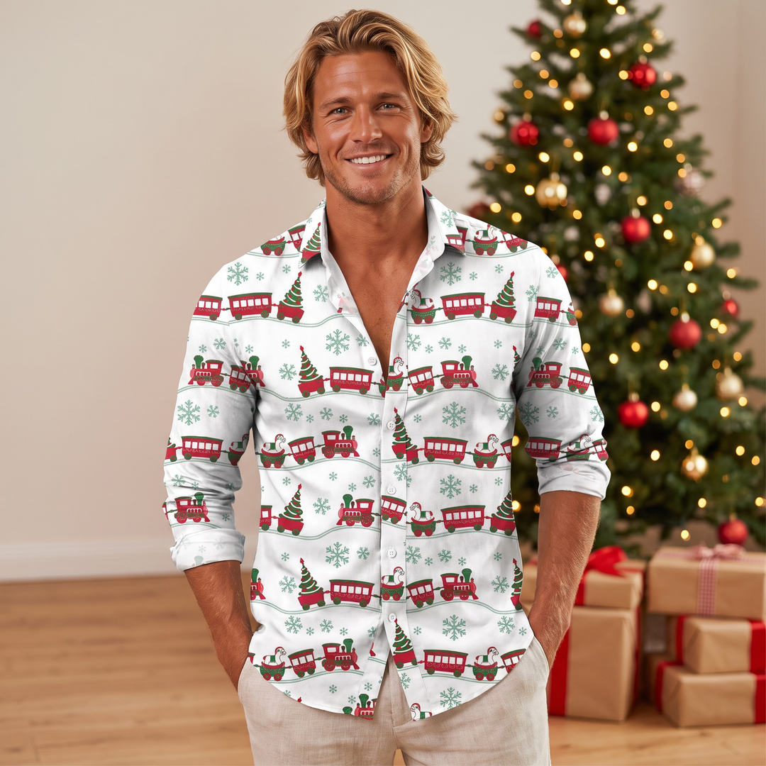 Men’s Christmas Button Up Shirt with Santa Graphic | Long Sleeve