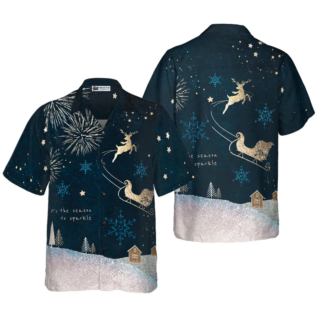 Men’s Christmas Button Up Shirt with Santa Sleigh | Short Sleeve