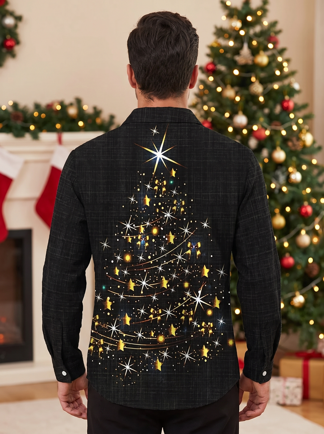 Men's Christmas Button Up Shirt with Tree Print | Long Sleeve