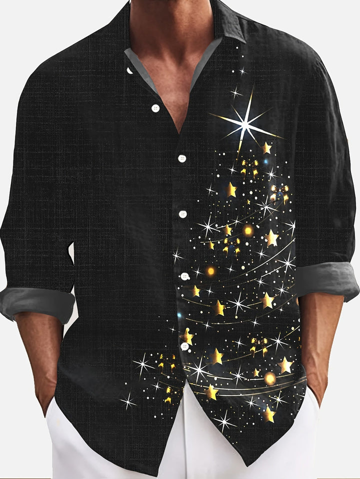 Men's Christmas Button Up Shirt with Tree Print | Long Sleeve