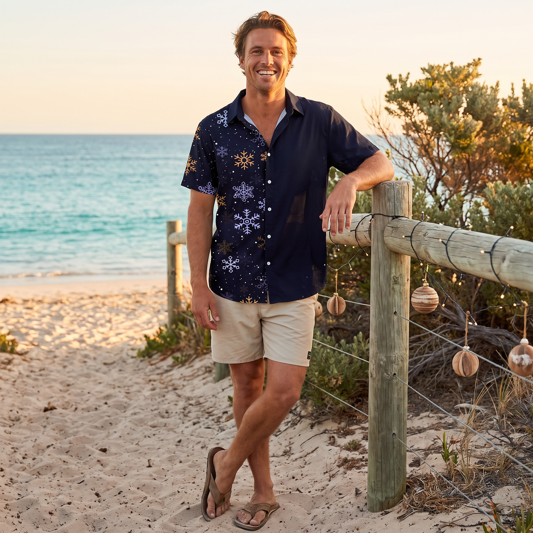 Men’s Christmas Hawaiian with Shirt Snowflake Print | Short Sleeve