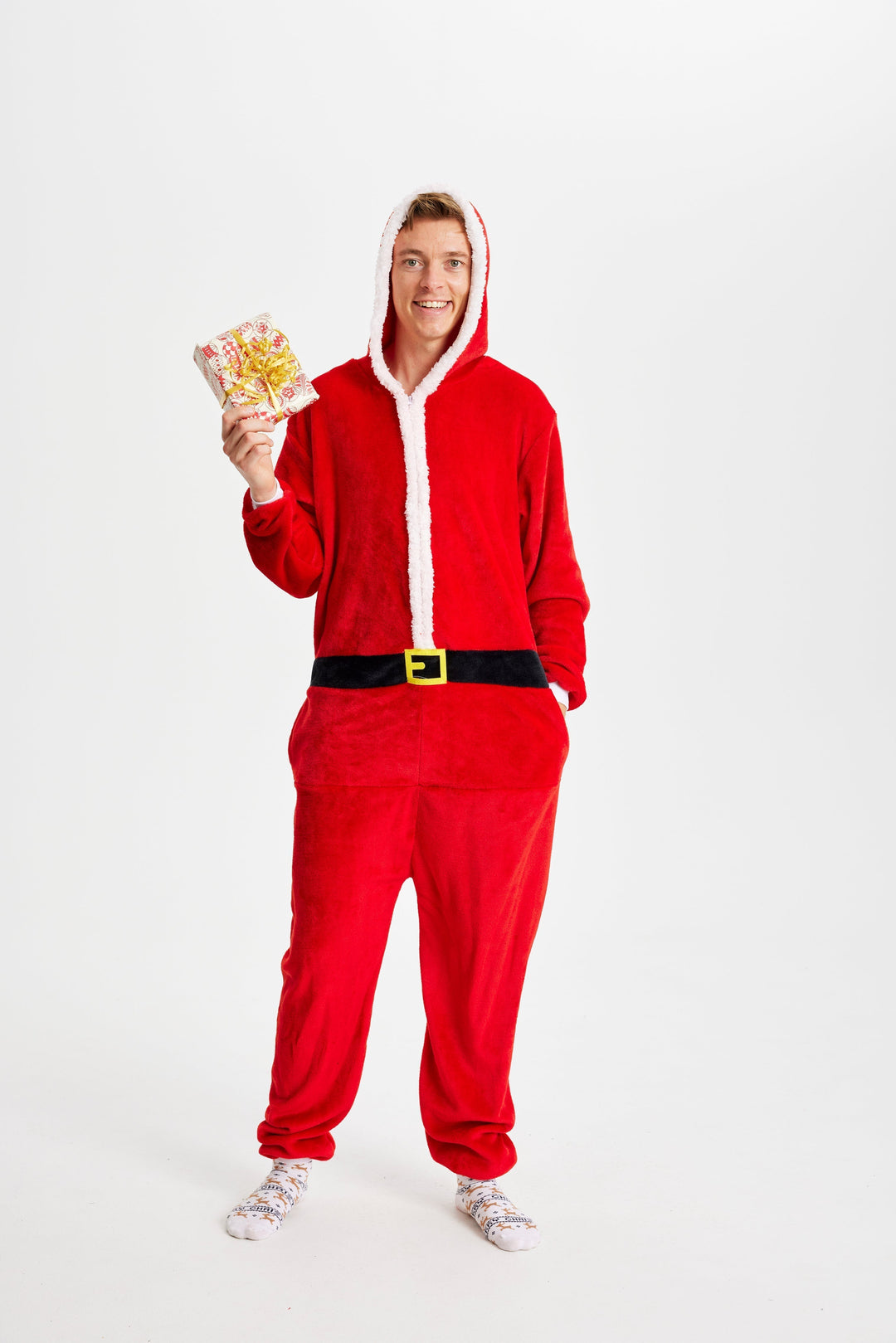 Men’s Christmas Outfit Santa Onesie with Hood | Belted Design