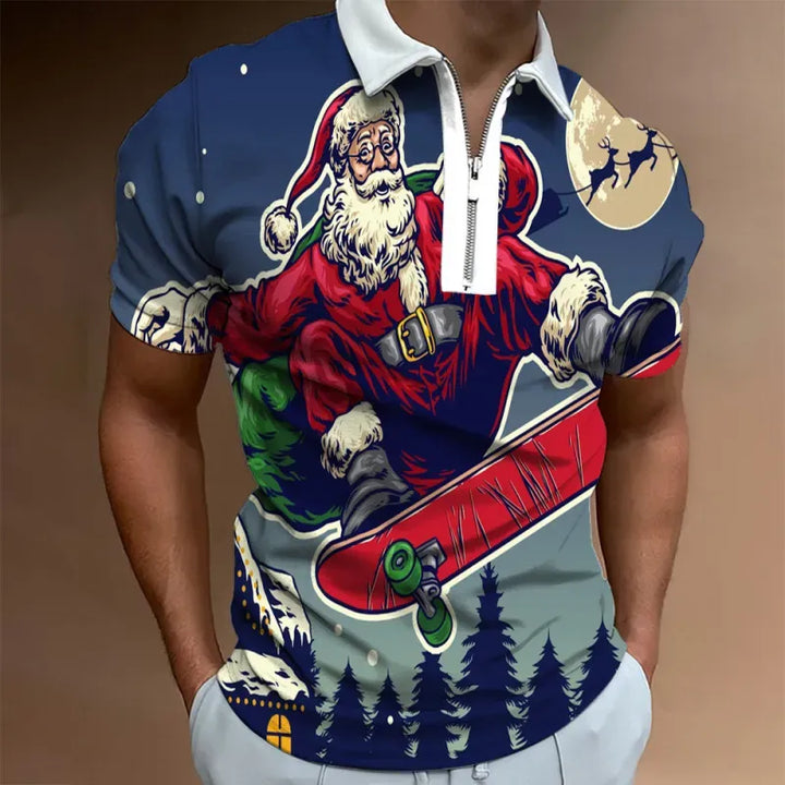 Men’s Christmas Polo Shirt with Santa Graphic | Zip Collar