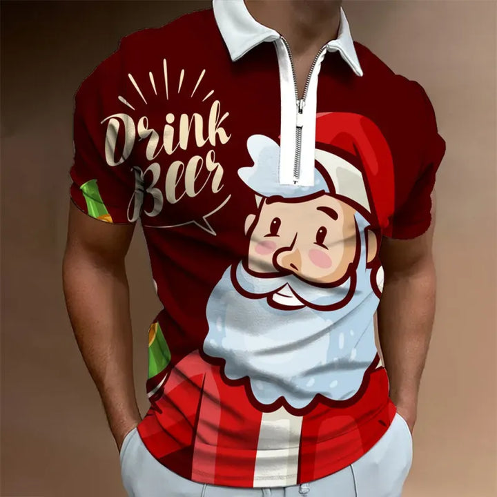 Men’s Christmas Polo Shirt with Santa Graphic | Zip Collar
