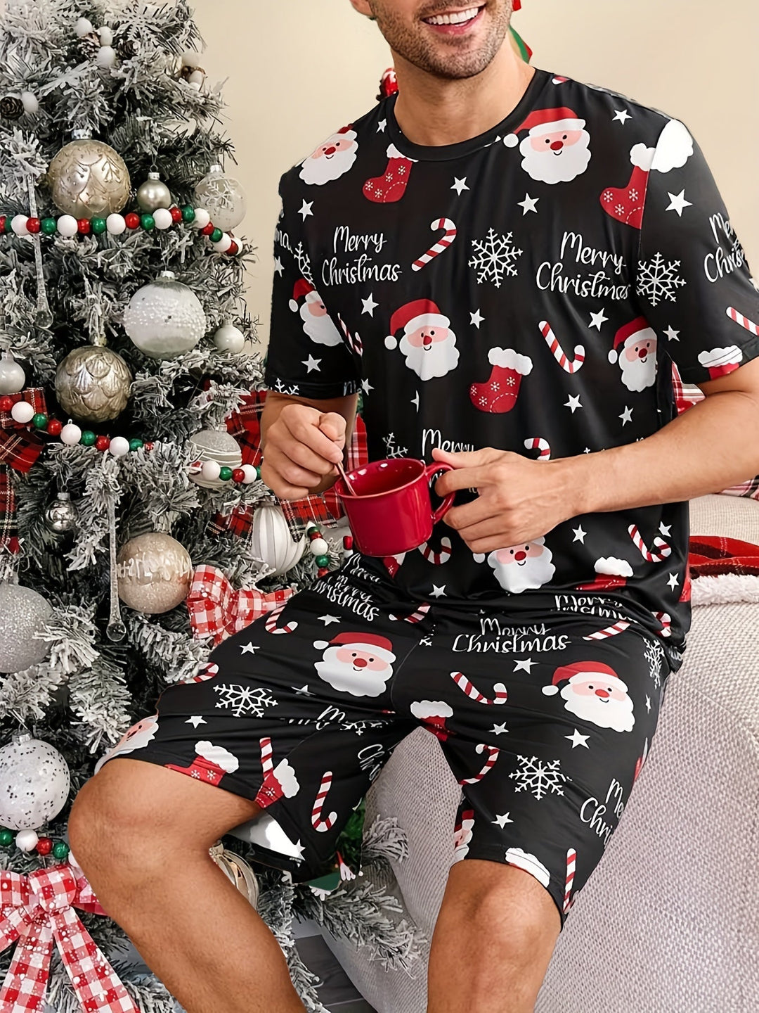 Men's Christmas Pyjamas Set with Santa Print | Short Sleeve