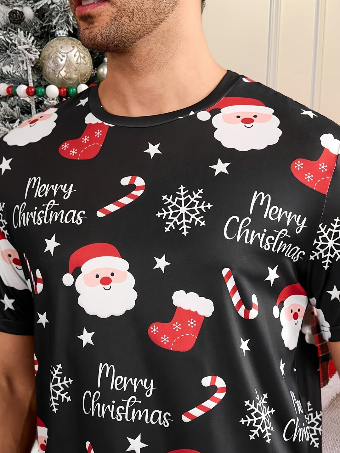 Men's Christmas Pyjamas Set with Santa Print | Short Sleeve