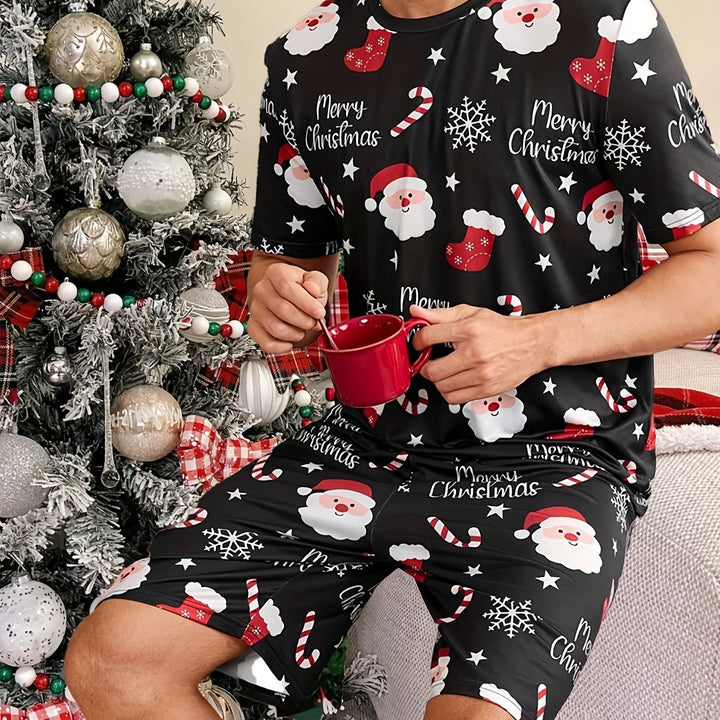 Men's Christmas Pyjamas Set with Santa Print | Short Sleeve