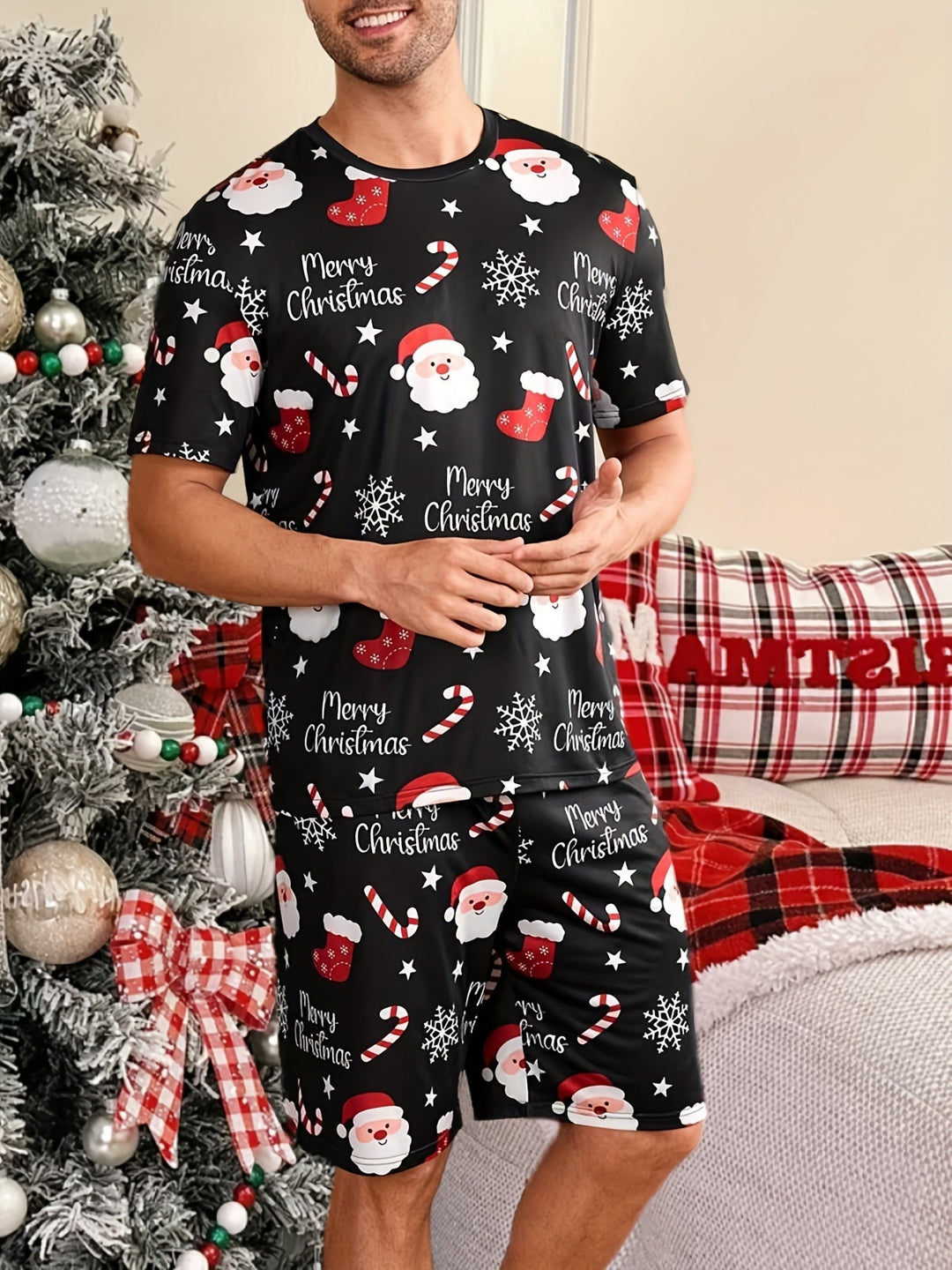 Men's Christmas Pyjamas Set with Santa Print | Short Sleeve
