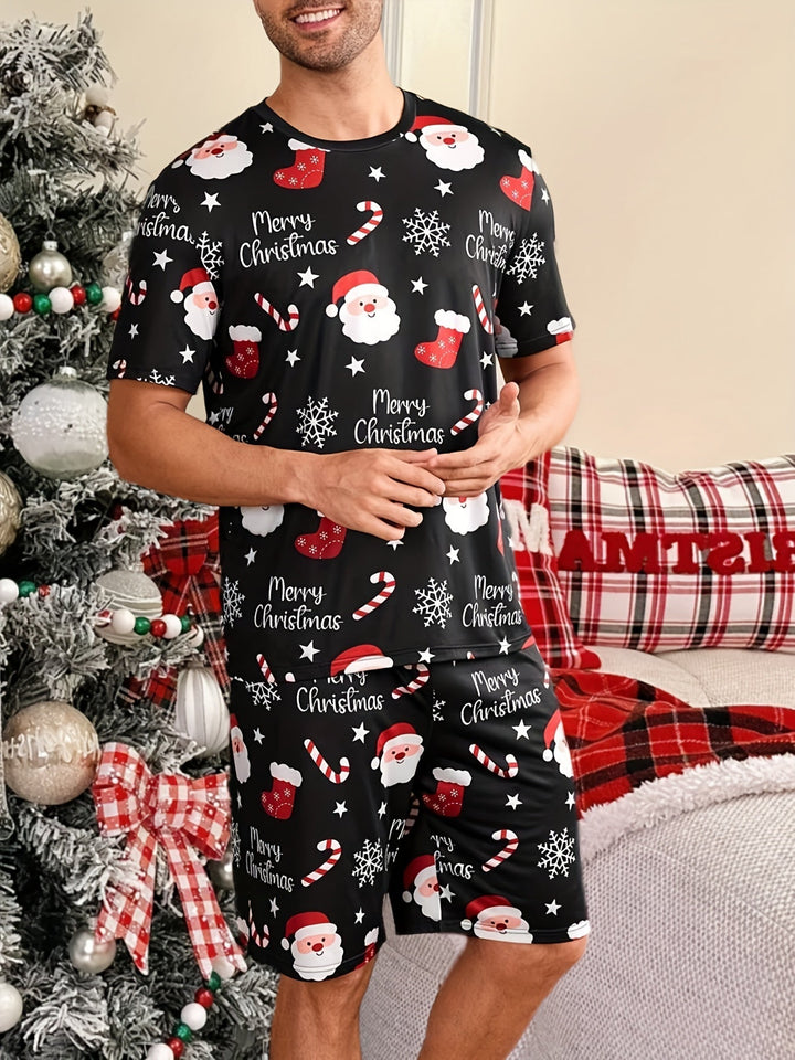 Men's Christmas Pyjamas Set with Santa Print | Short Sleeve