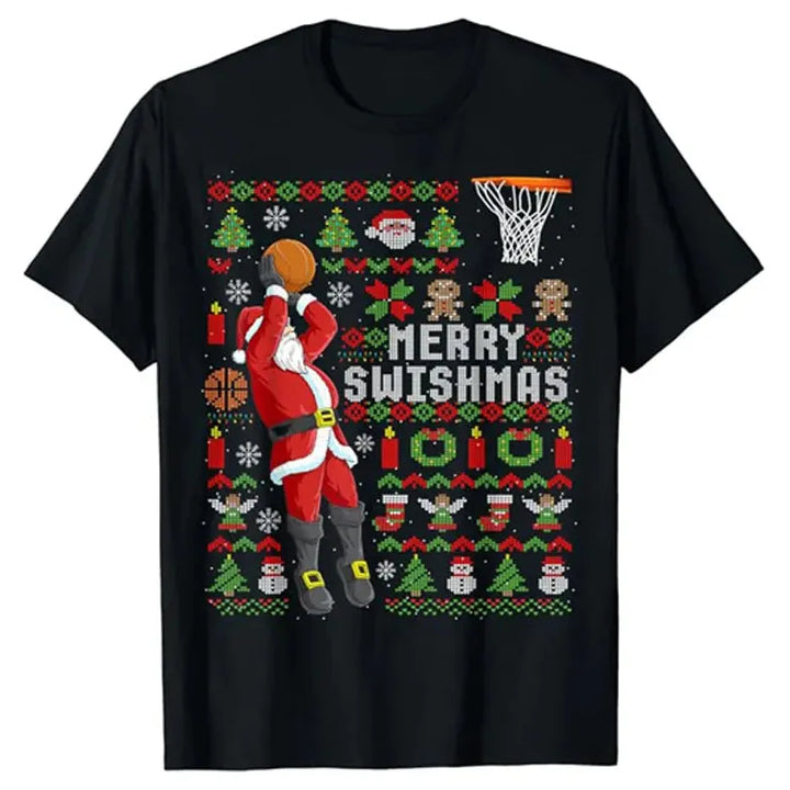 Men’s Christmas Tees with Santa Basketball Graphic | Crew Neck