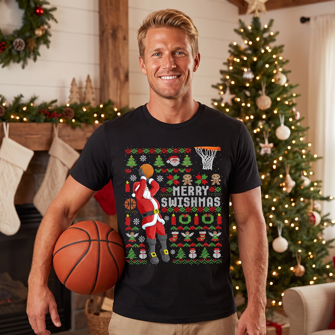 Men’s Christmas Tees with Santa Basketball Graphic | Crew Neck