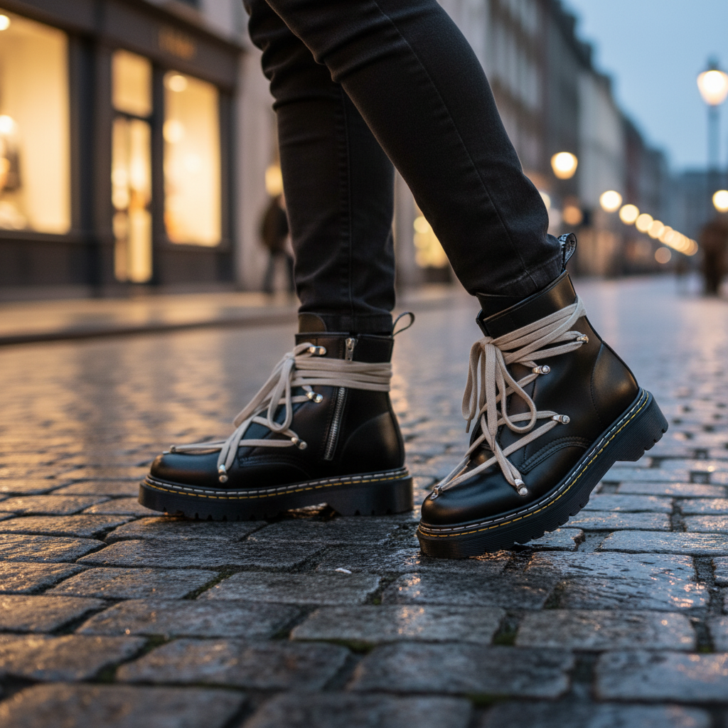 Men's Chunky Black Boots | Cross Strap Lace-Up