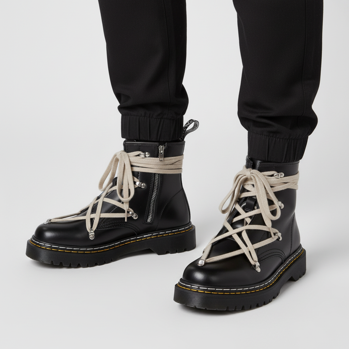 Men's Chunky Black Boots | Cross Strap Lace-Up