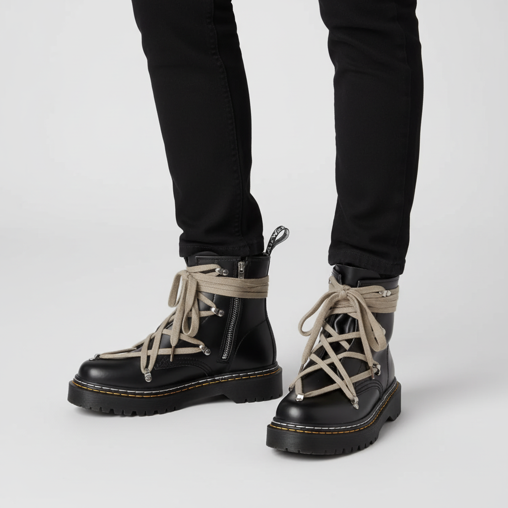 Men's Chunky Black Boots | Cross Strap Lace-Up
