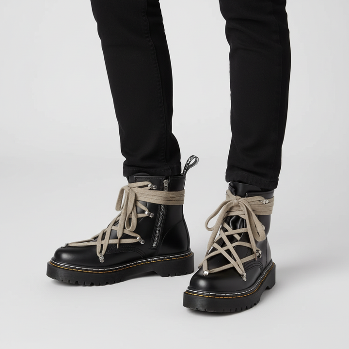 Men's Chunky Black Boots | Cross Strap Lace-Up