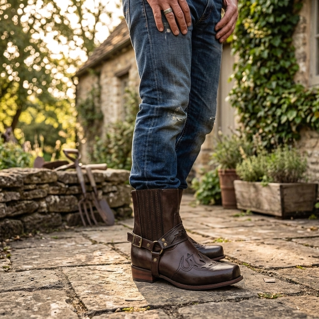 Men's Cowboy Boots Square Toe | Buckle Harness Studs