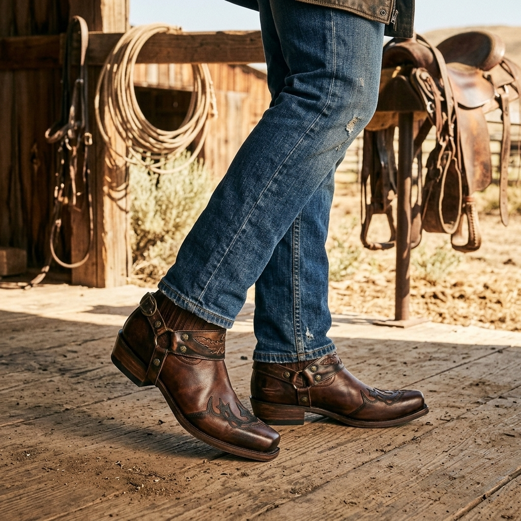 Men's Cowboy Boots Square Toe | Buckle Harness Studs