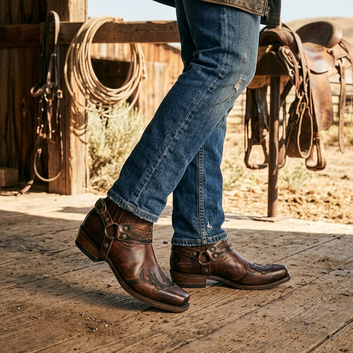 Men's Cowboy Boots Square Toe | Buckle Harness Studs