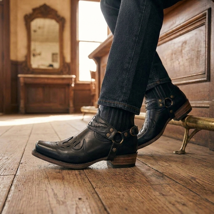 Men's Cowboy Boots Square Toe | Buckle Harness Studs
