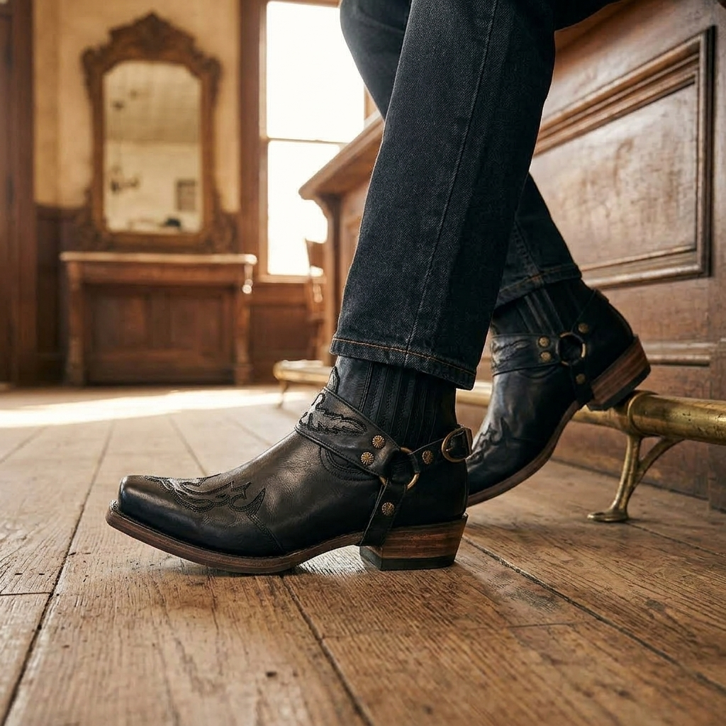 Men's Cowboy Boots Square Toe | Buckle Harness Studs