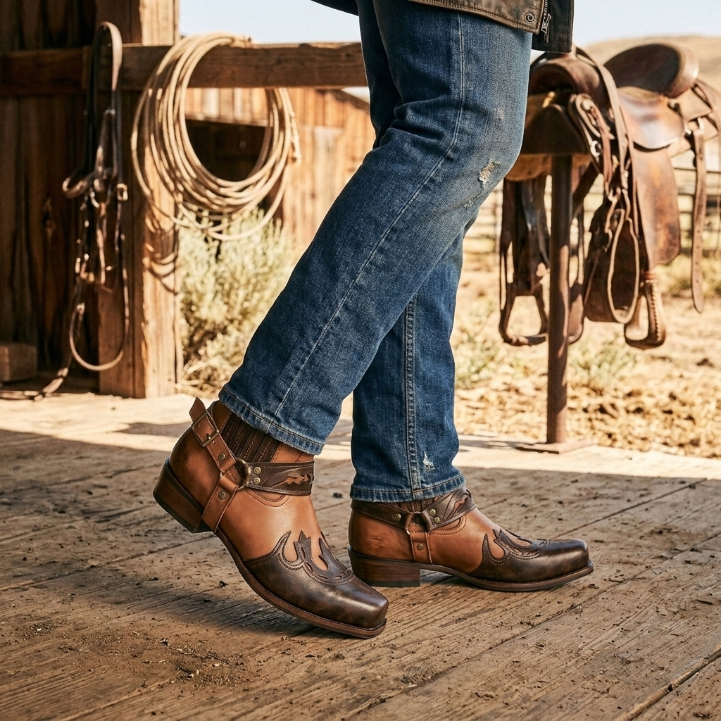 Men's Cowboy Boots Square Toe | Buckle Harness Studs