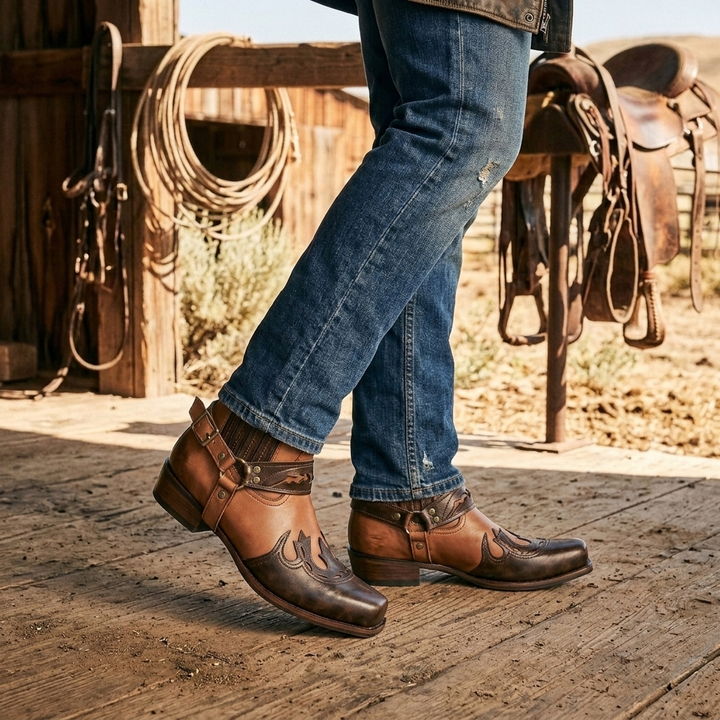 Men's Cowboy Boots Square Toe | Buckle Harness Studs