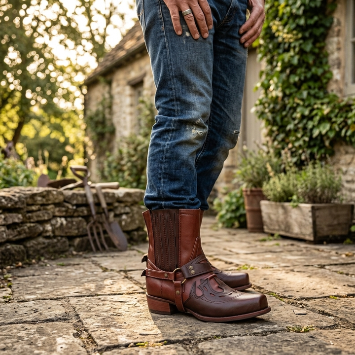 Men's Cowboy Boots Square Toe | Buckle Harness Studs