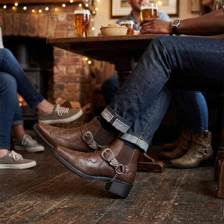 Men's Cowboy Boots with Buckle Strap & Pointed Toe | Ankle Cut