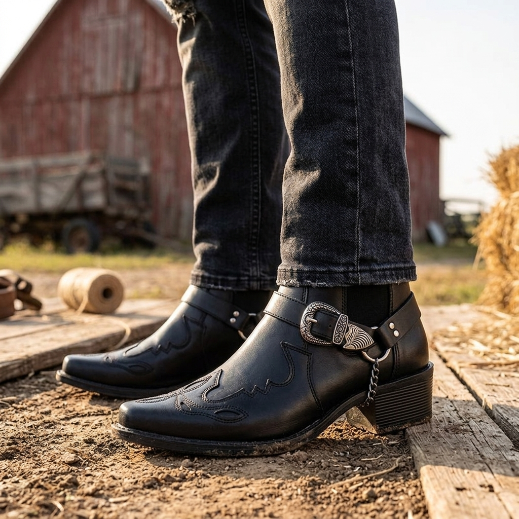 Men's Cowboy Boots with Buckle Strap & Pointed Toe | Ankle Cut
