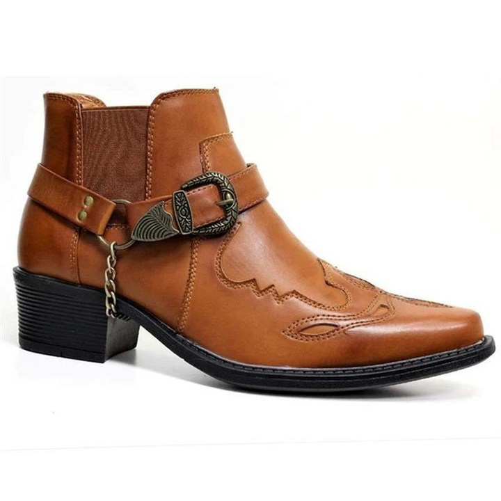 Men's Cowboy Boots with Buckle Strap & Pointed Toe | Ankle Cut