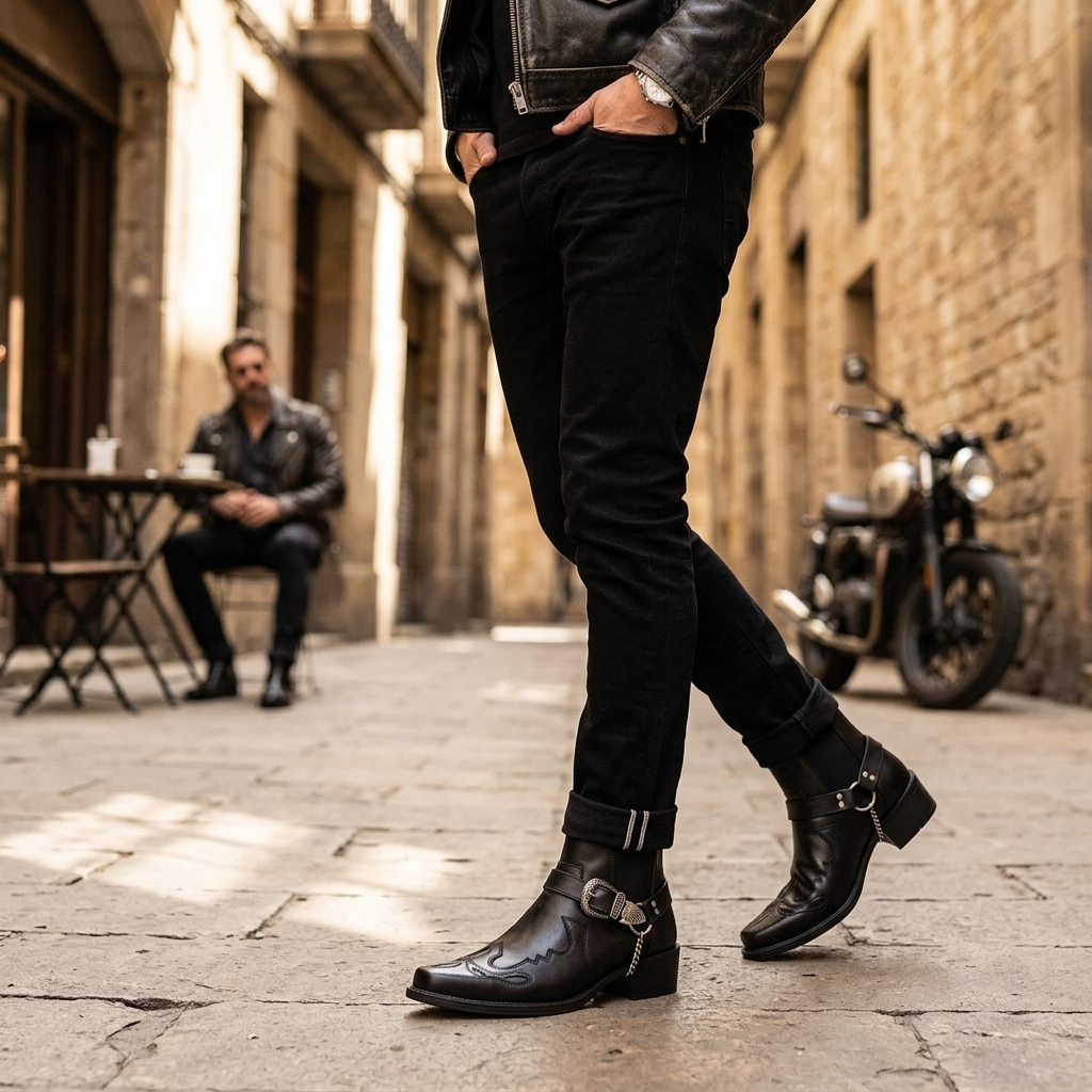 Men's Cowboy Boots with Buckle Strap & Pointed Toe | Ankle Cut