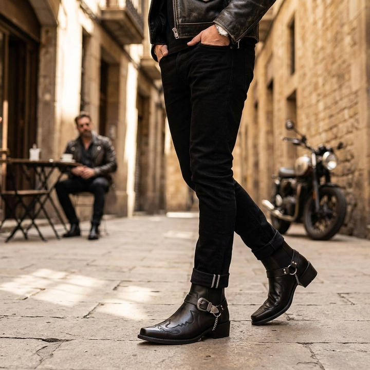 Men's Cowboy Boots with Buckle Strap & Pointed Toe | Ankle Cut