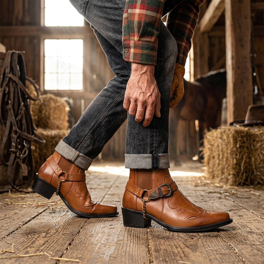 Men's Cowboy Boots with Buckle Strap & Pointed Toe | Ankle Cut