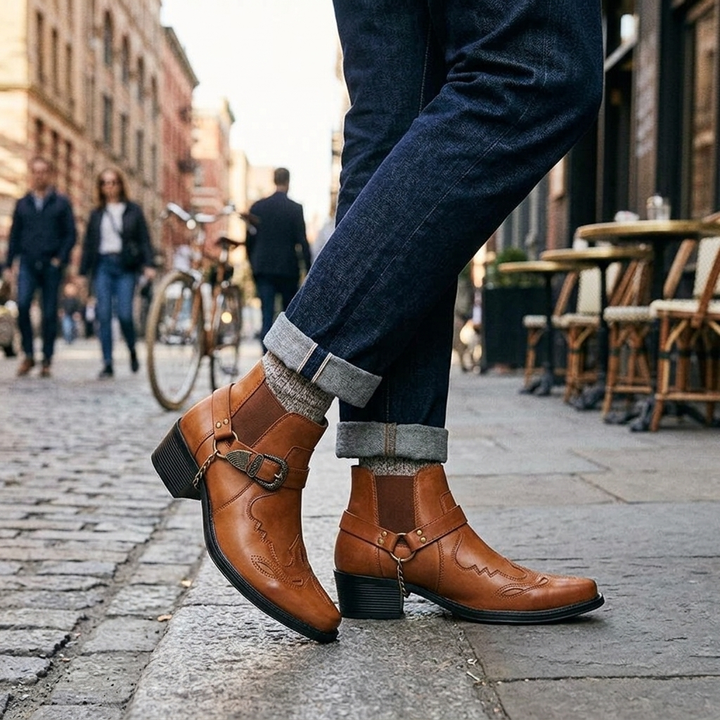 Men's Cowboy Boots with Buckle Strap & Pointed Toe | Ankle Cut
