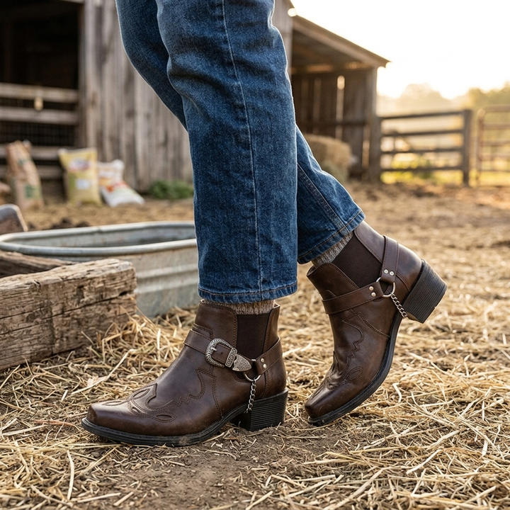 Men's Cowboy Boots with Buckle Strap & Pointed Toe | Ankle Cut