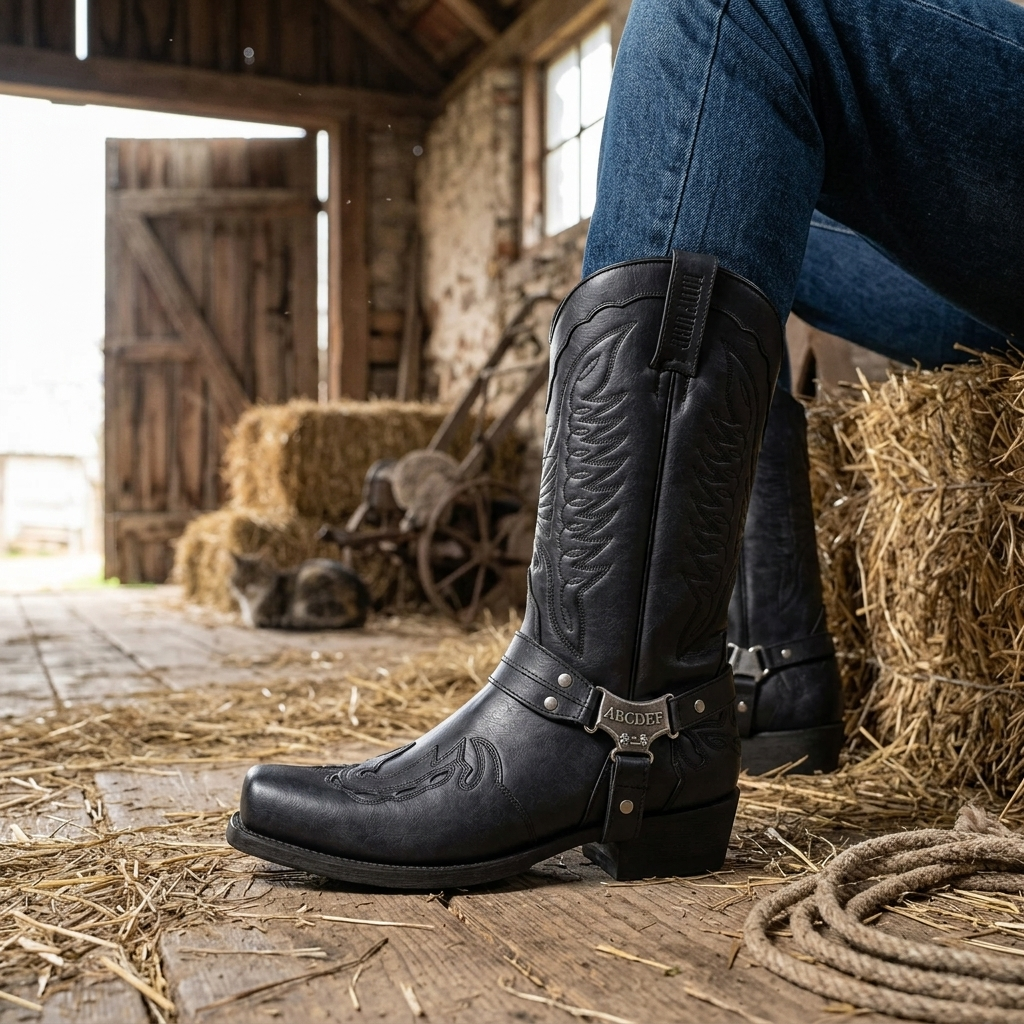 Men's Cowboy Boots with Harness Strap | Square Toe
