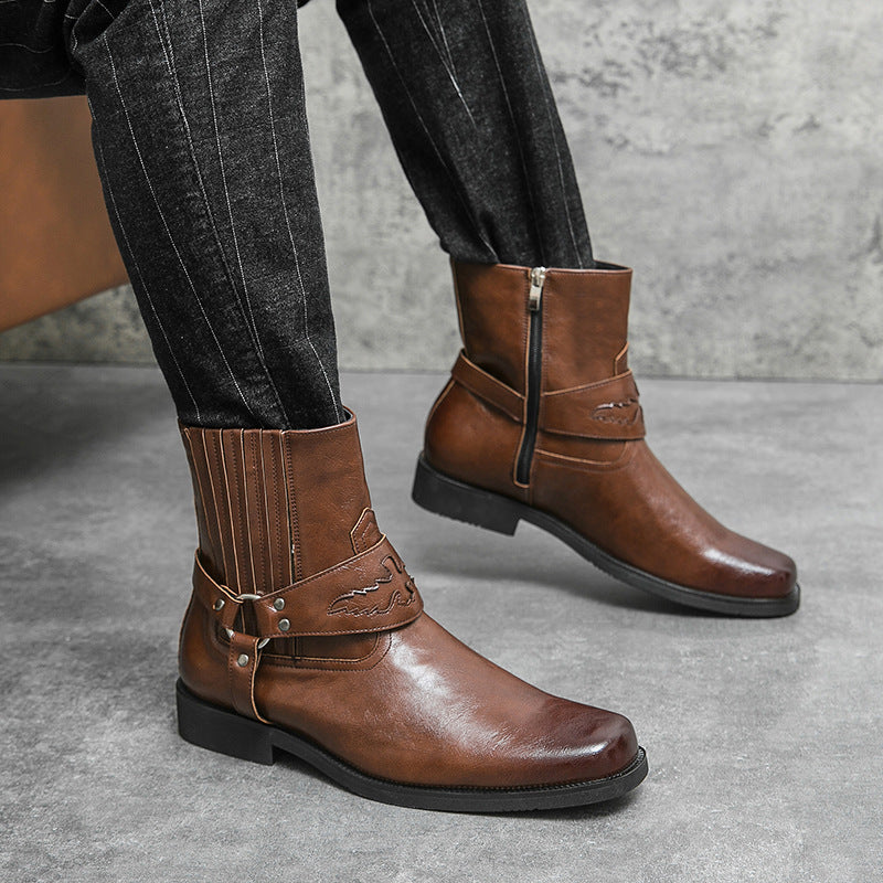 Men's Cowboy Boots with Side Zip | Harness Strap
