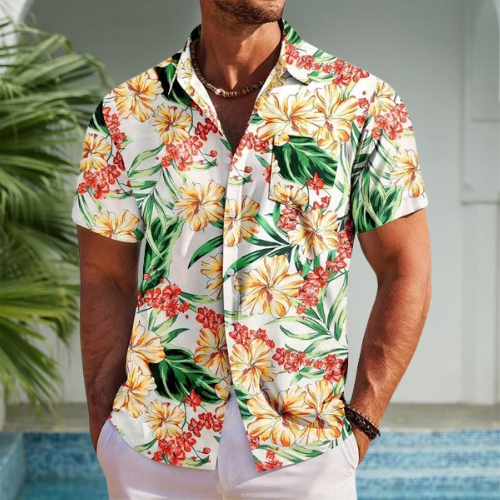 Men's Hawaiian Shirt with Short-Sleeve & Button-Up | Floral