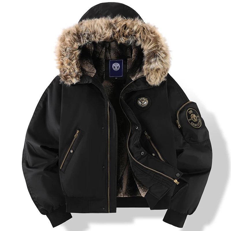 Men's Hooded Winter Jacket with Fluffy Trim & Zip Pockets | Bomber