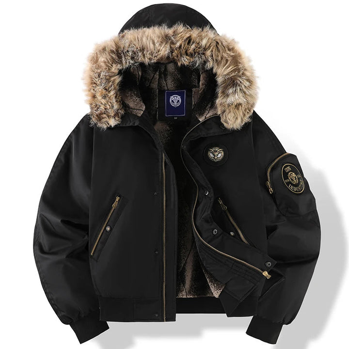 Men's Hooded Winter Jacket with Fluffy Trim & Zip Pockets | Bomber