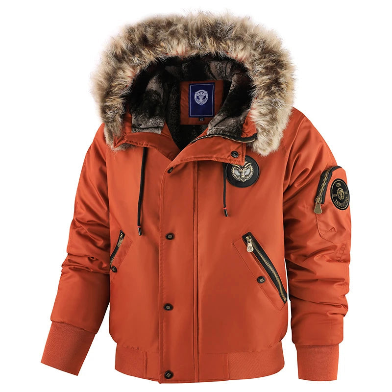 Men's Hooded Winter Jacket with Fluffy Trim & Zip Pockets | Bomber