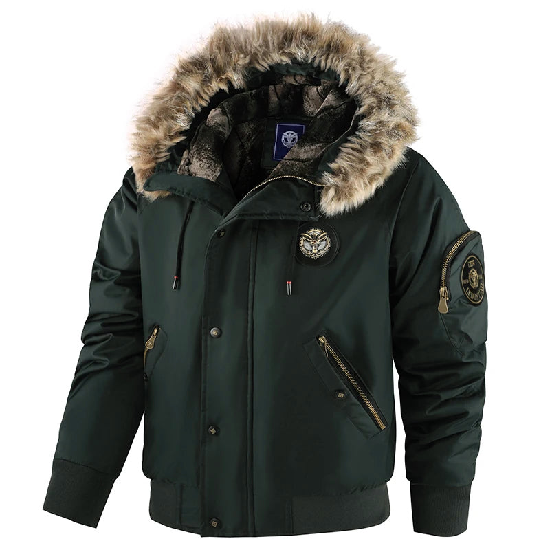 Men's Hooded Winter Jacket with Fluffy Trim & Zip Pockets | Bomber