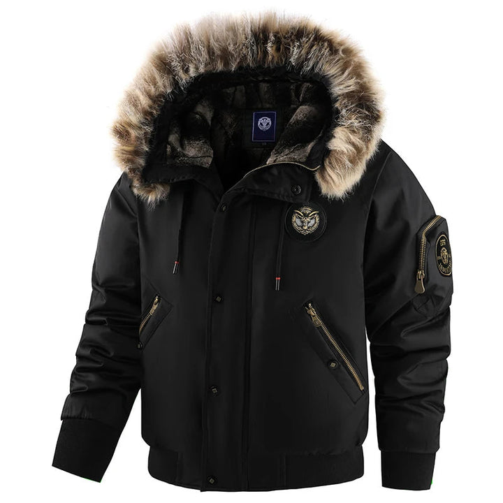 Men's Hooded Winter Jacket with Fluffy Trim & Zip Pockets | Bomber