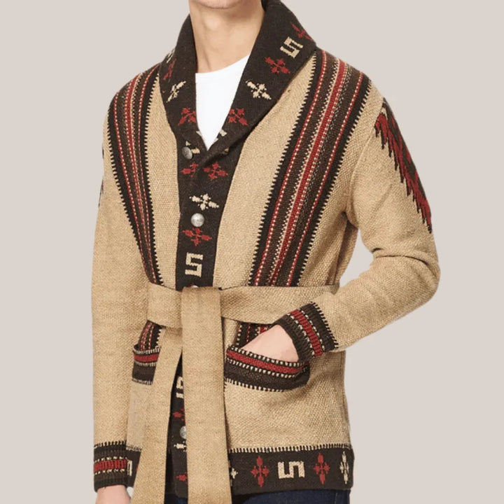 Men's Knit Cardigan with Aztec Pattern | Shawl Collar